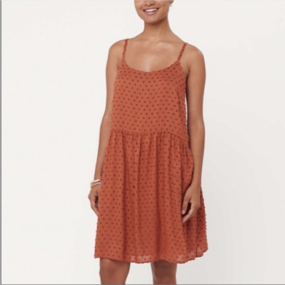 NWT Ann Taylor LOFT Dress Spaghetti Strap Swingy Flowy Swiss Polka Dot Rust M